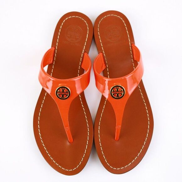 Tory Burch CAMERON Patent Leather Thong Fire Orange 5.5 - Picture 4 of 11